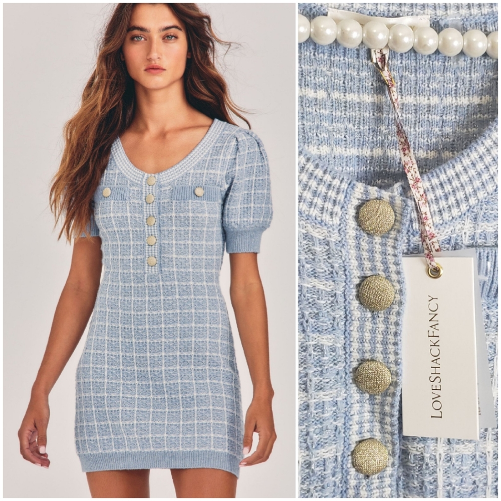 NWT Loveshackfancy Sailor Mini Dress Babybell Blue Size Small Tweed